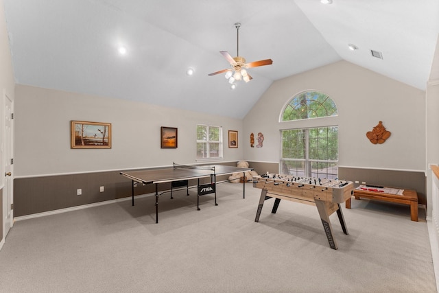recreation room with recessed lighting, carpet flooring, a ceiling fan, and high vaulted ceiling