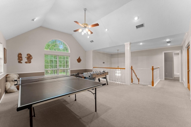 game room featuring high vaulted ceiling, a ceiling fan, carpet flooring, and visible vents