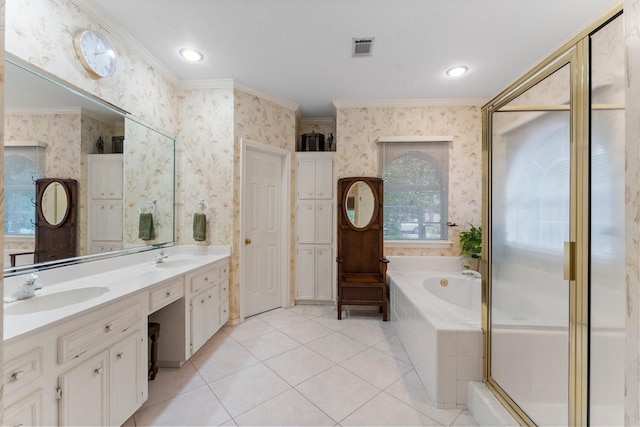 bathroom with crown molding, wallpapered walls, and visible vents