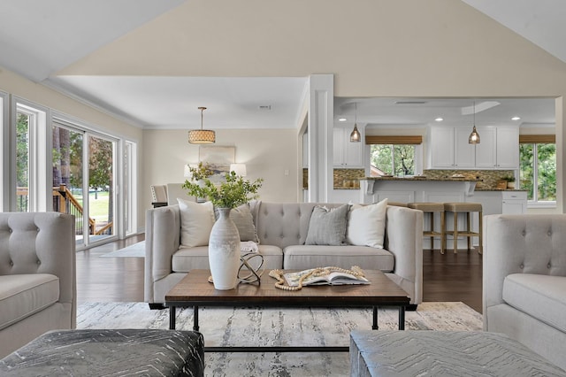 living area featuring vaulted ceiling, a healthy amount of sunlight, and wood finished floors