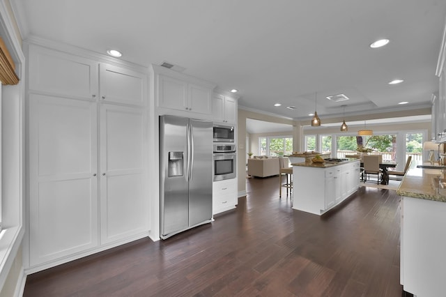 kitchen with crown molding, a wealth of natural light, stainless steel appliances, and visible vents