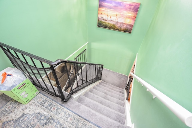 stairway featuring carpet
