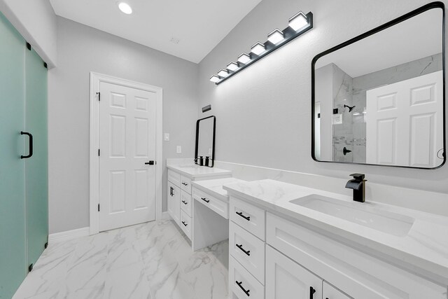 bathroom with a sink, double vanity, a marble finish shower, marble finish floor, and recessed lighting