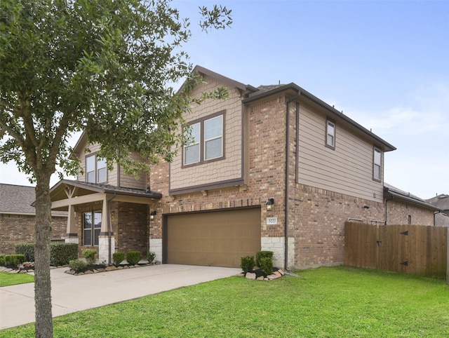 view of front of house featuring brick siding, a front lawn, fence, and driveway