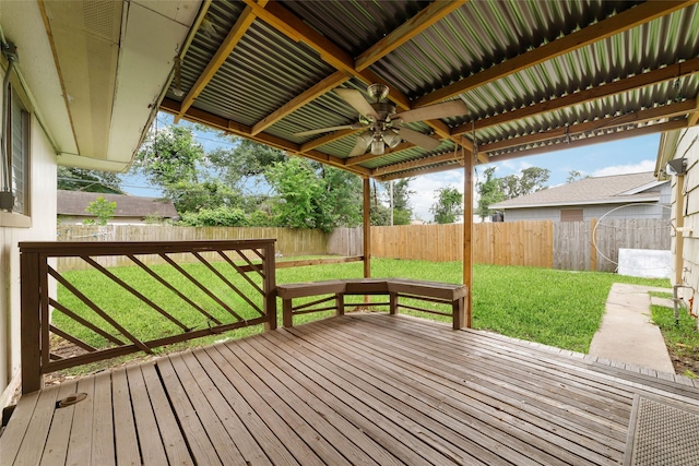 wooden terrace featuring a fenced backyard, ceiling fan, and a lawn