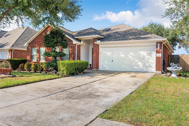 ranch-style house featuring driveway, brick siding, fence, an attached garage, and a shingled roof