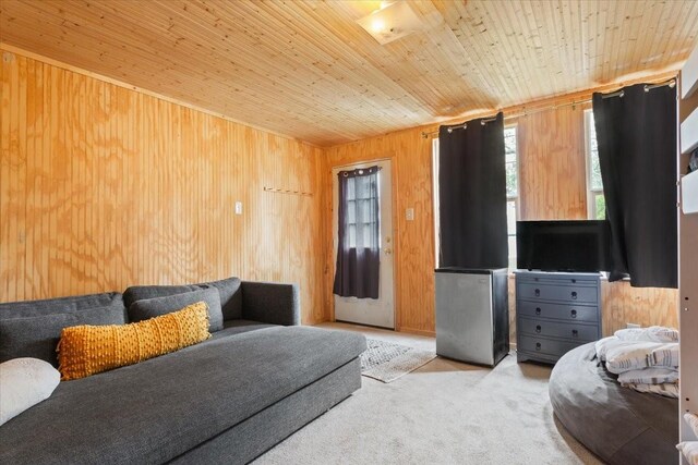 living room with wood walls, carpet, and wood ceiling