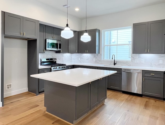 kitchen with a sink, appliances with stainless steel finishes, backsplash, and light wood finished floors