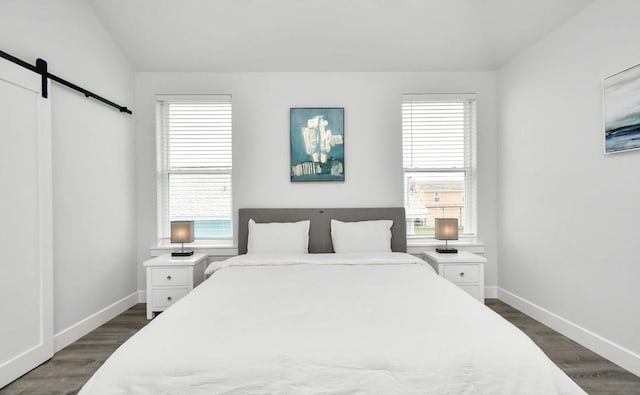 22814 Camino St, Galveston, TX 77554 - bedroom featuring baseboards, vaulted ceiling, a barn door, and dark wood finished floors