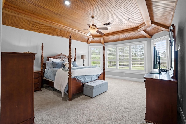 33026 Sawgrass Ct, Magnolia, TX 77354 - bedroom with carpet flooring, a ceiling fan, baseboards, wooden ceiling, and visible vents