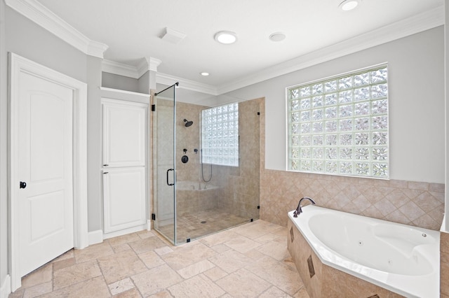 33026 Sawgrass Ct, Magnolia, TX 77354 - full bathroom featuring a tub with jets, ornamental molding, a stall shower, and stone tile floors
