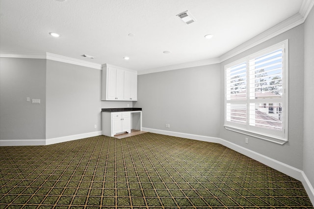 33026 Sawgrass Ct, Magnolia, TX 77354 - unfurnished living room with visible vents, crown molding, baseboards, dark carpet, and recessed lighting