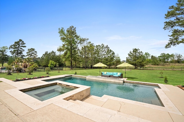33026 Sawgrass Ct, Magnolia, TX 77354 - view of pool featuring a lawn, an outdoor living space, an in ground hot tub, and a fenced in pool