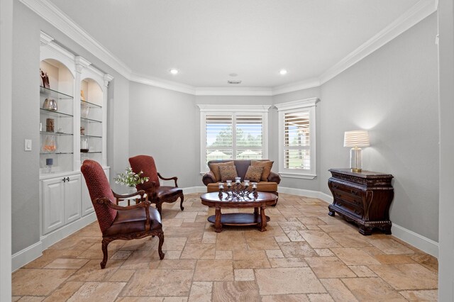 33026 Sawgrass Ct, Magnolia, TX 77354 - sitting room featuring crown molding, recessed lighting, stone tile flooring, and built in shelves