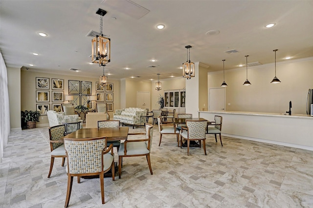 2929 Buffalo Speedway Unit A601, Houston, TX 77098 - dining space featuring a chandelier, ornamental molding, and recessed lighting