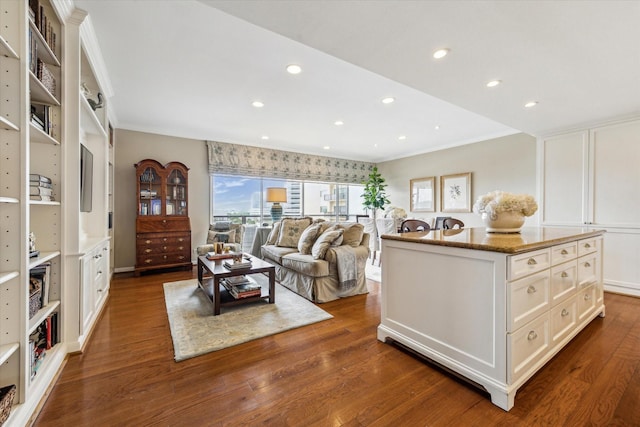living area featuring recessed lighting, ornamental molding, and dark wood-style floors