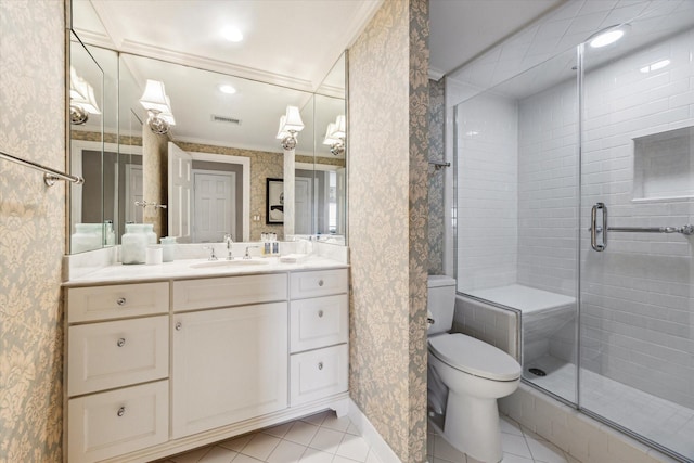 full bath featuring toilet, tile patterned floors, wallpapered walls, visible vents, and a stall shower