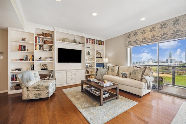 2929 Buffalo Speedway Unit A601, Houston, TX 77098 - living room with ornamental molding, dark wood-style floors, built in shelves, and recessed lighting
