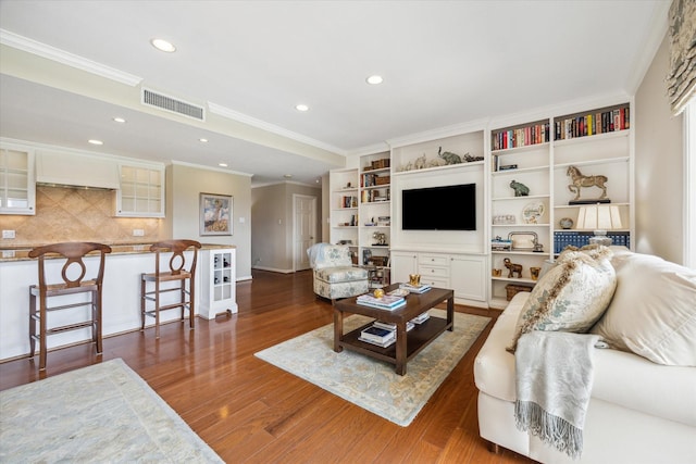 2929 Buffalo Speedway Unit A601, Houston, TX 77098 - living room with recessed lighting, dark wood finished floors, and ornamental molding
