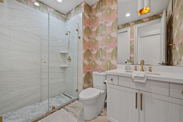 81 Crain Square Blvd, West University Place, TX 77025 - bathroom with vanity, toilet, wallpapered walls, recessed lighting, and a stall shower