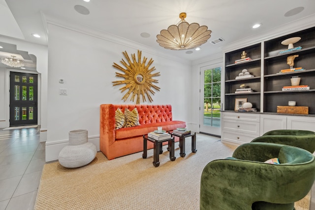 81 Crain Square Blvd, West University Place, TX 77025 - sitting room featuring a chandelier, visible vents, ornamental molding, and recessed lighting