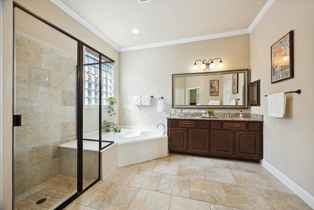 full bath with a shower stall, ornamental molding, and a bath