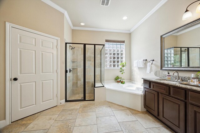 full bathroom with ornamental molding, a bath, and a shower stall