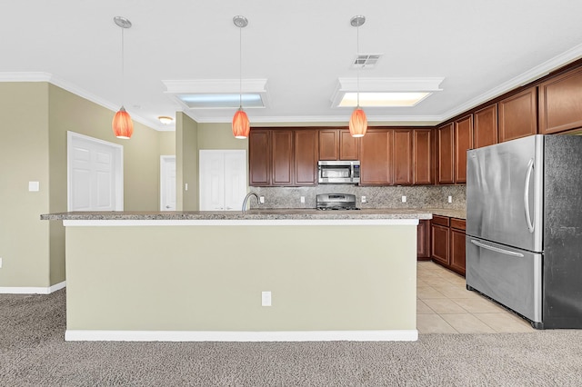 1004 8th St, San Leon, TX 77539 - kitchen featuring light carpet, crown molding, tasteful backsplash, and appliances with stainless steel finishes