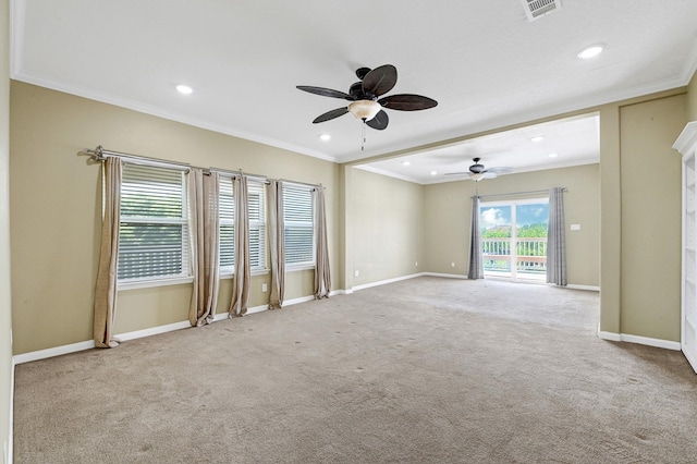 1004 8th St, San Leon, TX 77539 - carpeted empty room with crown molding, a ceiling fan, visible vents, and recessed lighting