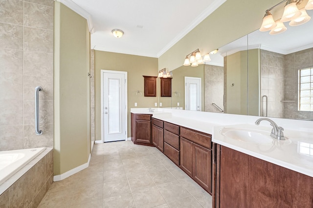 1004 8th St, San Leon, TX 77539 - bathroom featuring a sink, tiled bath, tile patterned flooring, double vanity, and a tile shower