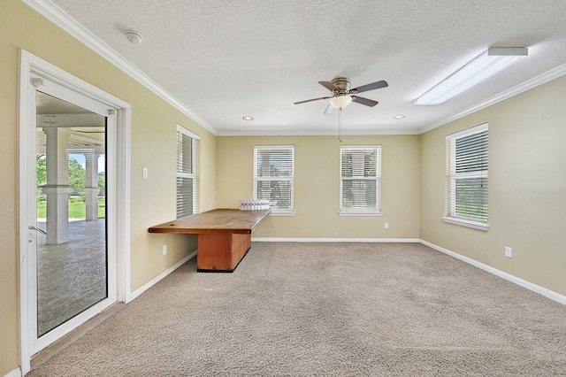 1004 8th St, San Leon, TX 77539 - unfurnished room with ornamental molding, carpet, baseboards, and a ceiling fan