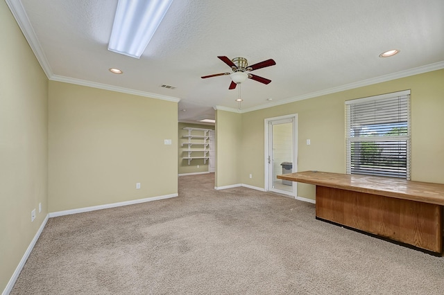 1004 8th St, San Leon, TX 77539 - carpeted empty room featuring ornamental molding, baseboards, a ceiling fan, and recessed lighting