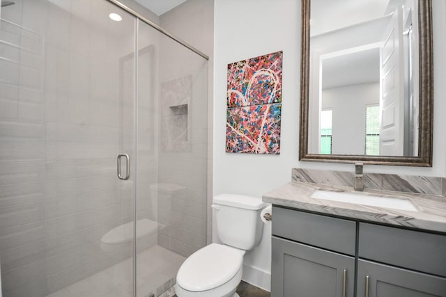 full bathroom featuring toilet, vanity, and a shower stall
