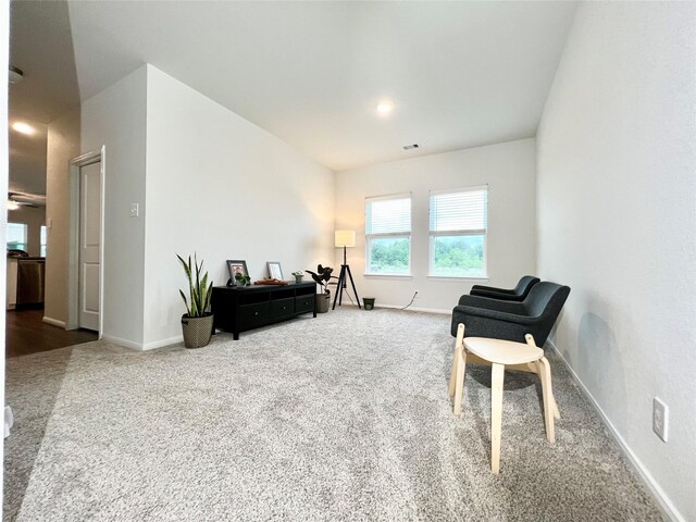 living area featuring baseboards and carpet flooring