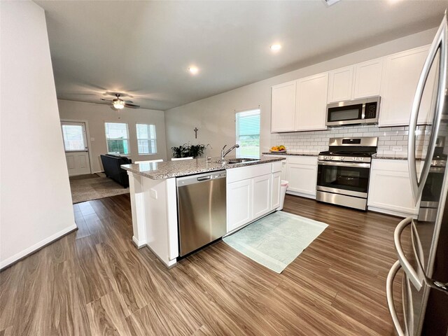 kitchen with open floor plan, dark wood-style floors, tasteful backsplash, a sink, and stainless steel appliances