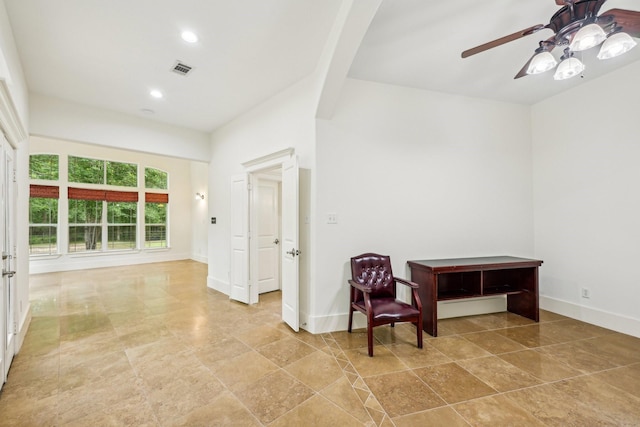 living area with visible vents, a ceiling fan, baseboards, and recessed lighting