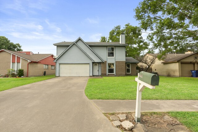 traditional-style home with a front lawn, a chimney, brick siding, concrete driveway, and an attached garage