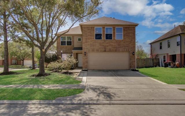 1211 Reedpoint Dr, Houston, TX 77090 - traditional-style house with a front lawn, fence, brick siding, concrete driveway, and an attached garage