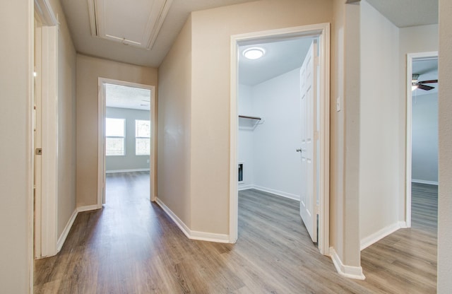 1211 Reedpoint Dr, Houston, TX 77090 - hallway with baseboards, attic access, and light wood-style flooring