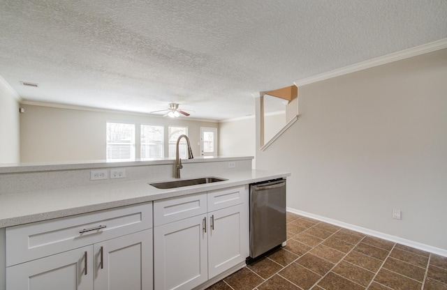 1211 Reedpoint Dr, Houston, TX 77090 - kitchen featuring a ceiling fan, ornamental molding, white cabinetry, a sink, and dishwasher