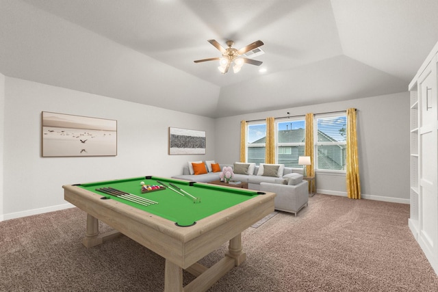 recreation room with carpet floors, baseboards, ceiling fan, and vaulted ceiling