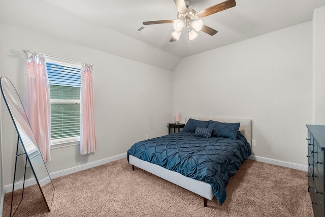 bedroom featuring carpet flooring, a ceiling fan, baseboards, and visible vents