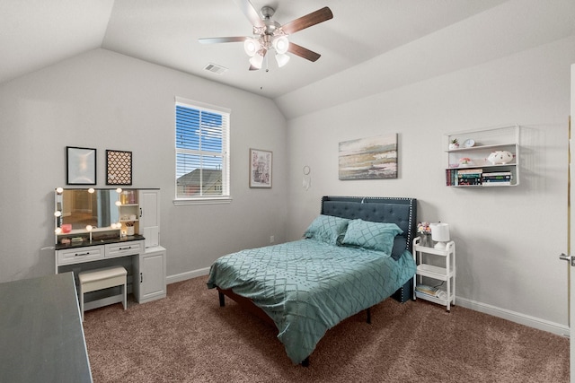 carpeted bedroom with baseboards, visible vents, ceiling fan, and lofted ceiling