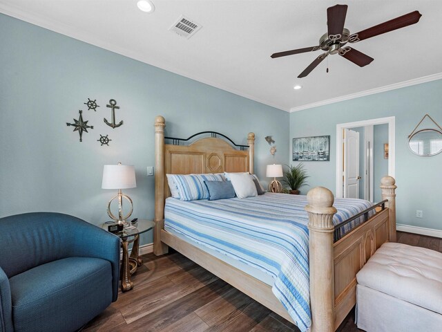 bedroom featuring recessed lighting, baseboards, dark wood finished floors, and ornamental molding