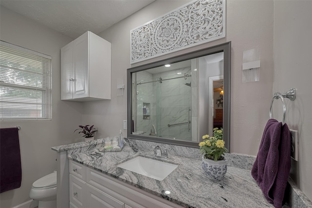 full bathroom with vanity, toilet, and a shower stall