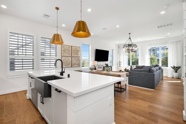 kitchen featuring a sink, recessed lighting, light wood finished floors, and visible vents