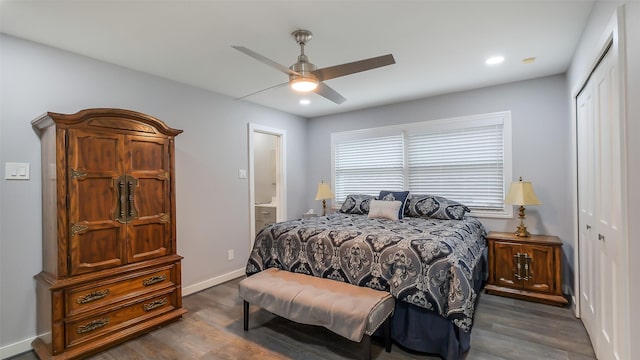 bedroom with a closet, ceiling fan, recessed lighting, dark wood finished floors, and ensuite bath