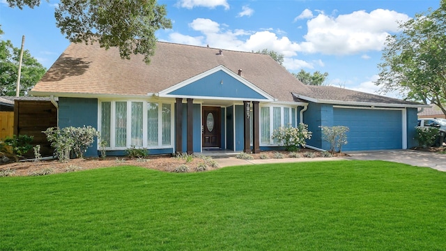 view of front of property with roof with shingles, an attached garage, driveway, and a front yard