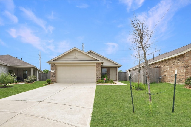 ranch-style home with fence, a front yard, brick siding, concrete driveway, and an attached garage
