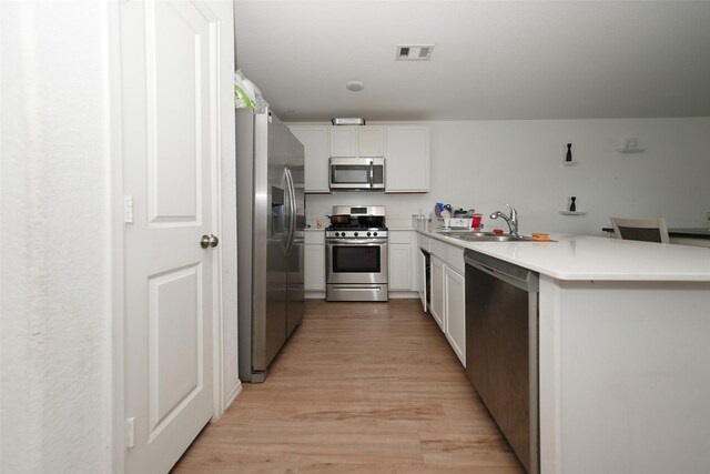 kitchen with visible vents, light wood-type flooring, a sink, white cabinets, and stainless steel appliances